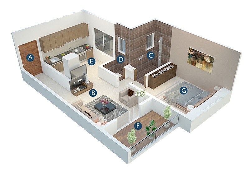 Floor plan of 1 BHK 418 Sq. Ft. Apartment in Shaurya Sopan Baug, Pune