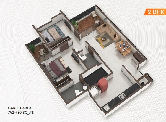 Floor plan of 2 BHK 742 Sq. Ft. Apartment in Shelter Marvel, Pune