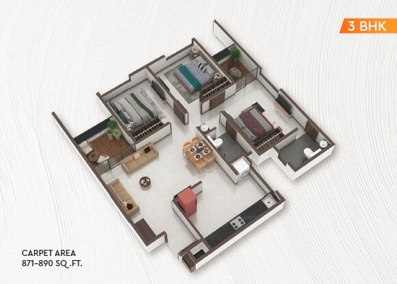 Floor plan of 3 BHK 871 Sq. Ft. Apartment in Shelter Marvel, Pune