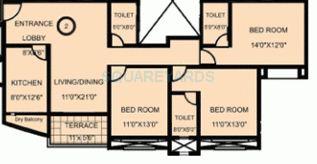 Floor plan of 3 BHK 1550 Sq. Ft. Apartment in Sheth Konark Exotica, Pune