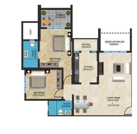 Floor plan of 2 BHK 581 Sq. Ft. Apartment in Sheth Tiara, Pune