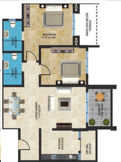 Floor plan of 2 BHK 757 Sq. Ft. Apartment in Sheth Tiara, Pune