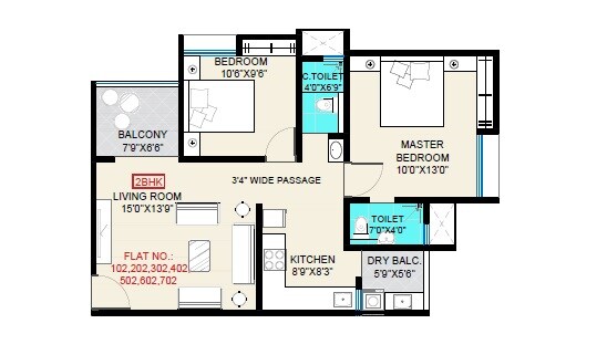 Floor plan of 2 BHK 758 Sq. Ft. Apartment in Shital Tanishka Homes, Pune