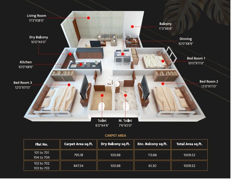 Floor plan of 3 BHK 1009 Sq. Ft. Apartment in Shitole Aurelia, Pune