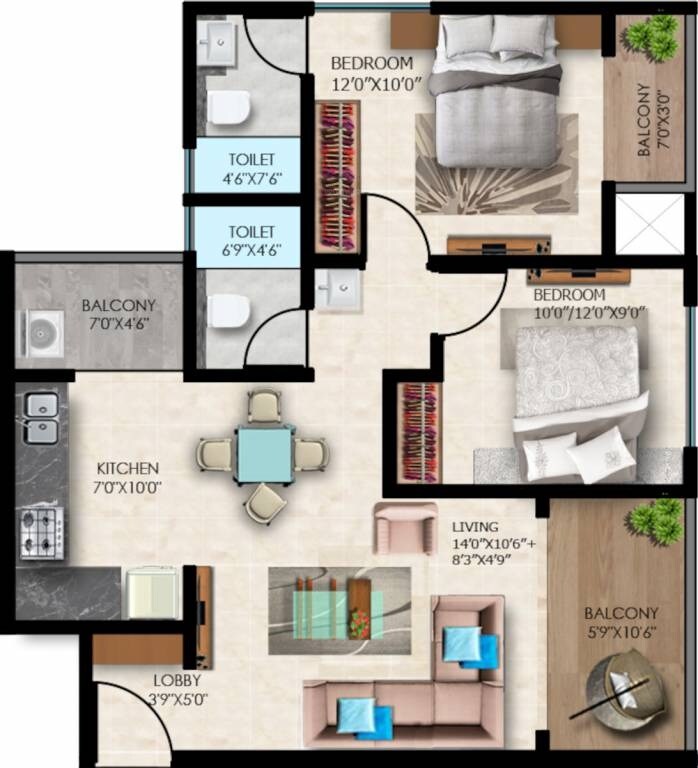 2 BHK 716 Sq. Ft. Apartment