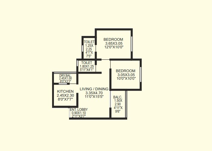 Floor plan of 2 BHK 631 Sq. Ft. Apartment in Shiv Divine Deeds, Pune