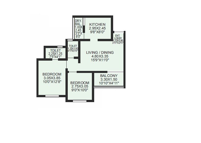 Floor plan of 2 BHK 672 Sq. Ft. Apartment in Shiv Divine Deeds, Pune