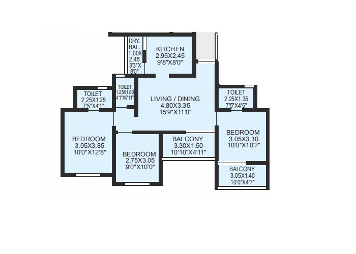 Floor plan of 3 BHK 852 Sq. Ft. Apartment in Shiv Divine Deeds, Pune