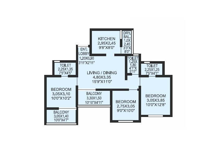Floor plan of 3 BHK 864 Sq. Ft. Apartment in Shiv Divine Deeds, Pune