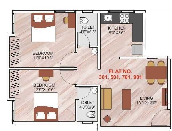 Floor plan of 2 BHK 862 Sq. Ft. Apartment in Shiv Divine Dew, Pune