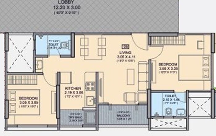 Floor plan of 2 BHK 632 Sq. Ft. Apartment in Shiv Divine Fortune, Pune