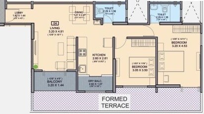 Floor plan of 2 BHK 870 Sq. Ft. Apartment in Shiv Divine Fortune, Pune