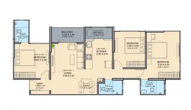 Floor plan of 3 BHK 978 Sq. Ft. Apartment in Shiv Divine Fortune, Pune