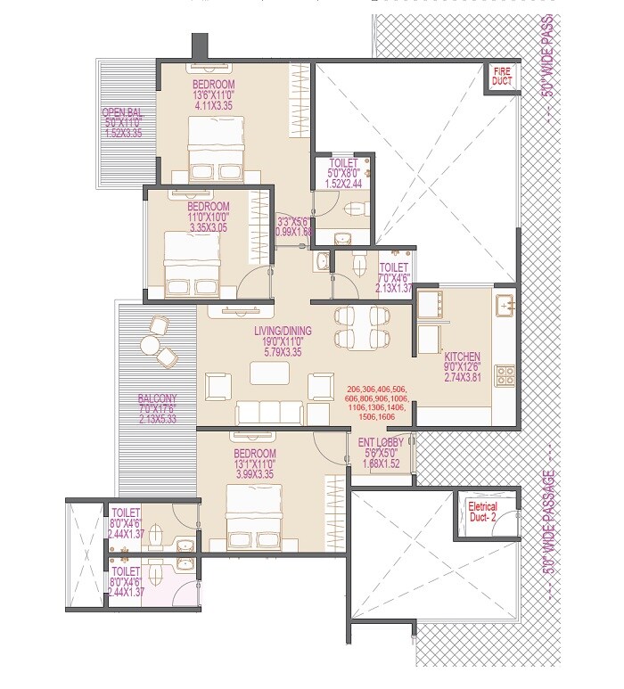 Floor plan of 3 BHK 1139 Sq. Ft. Apartment in Shiv Malhar Wakad, Pune