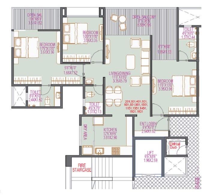 Floor plan of 3 BHK 1199 Sq. Ft. Apartment in Shiv Malhar Wakad, Pune