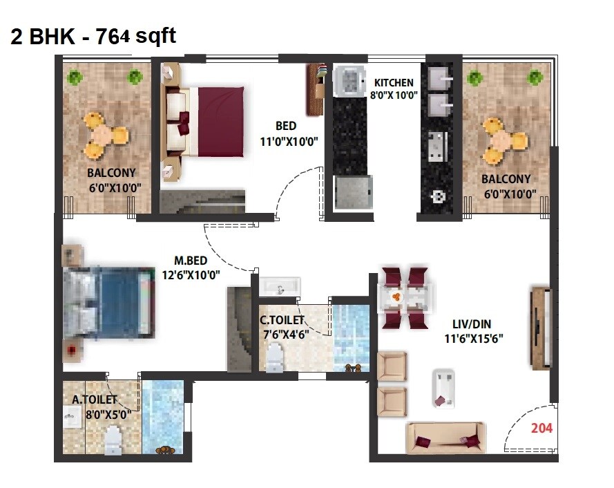 2 BHK 764 Sq. Ft. Apartment