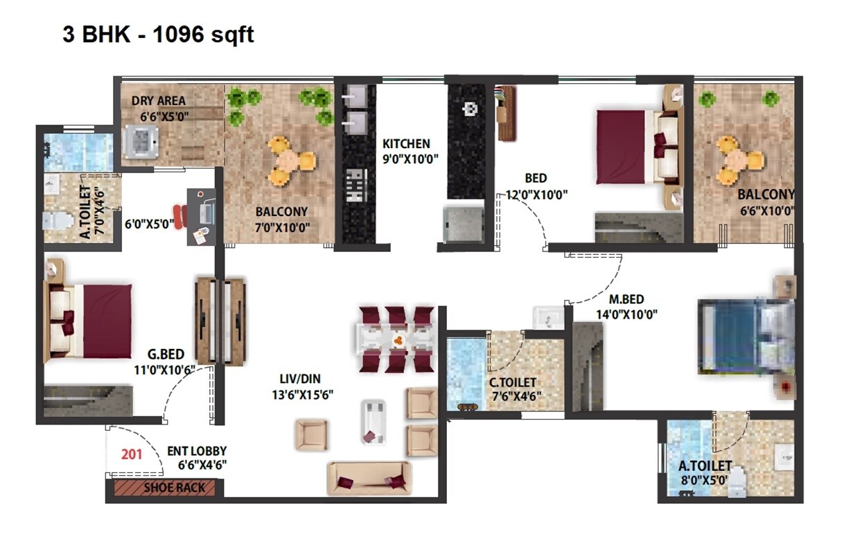 3 BHK 1096 Sq. Ft. Apartment