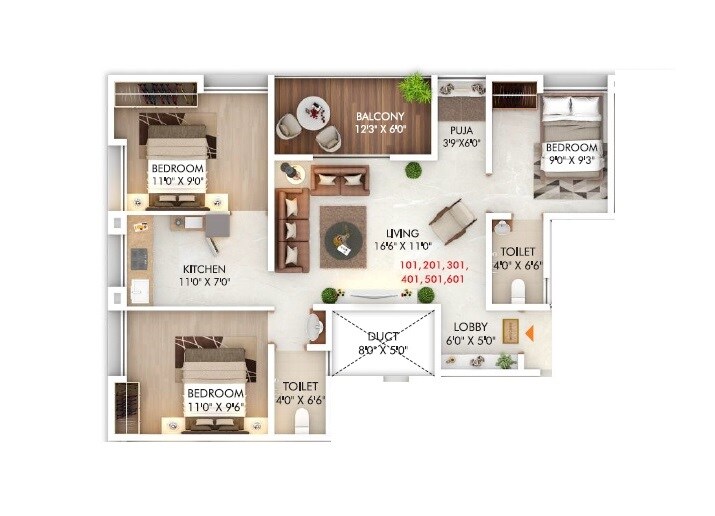 Floor plan of 3 BHK 790 Sq. Ft. Apartment in Shiv Shree Sanskruti, Pune