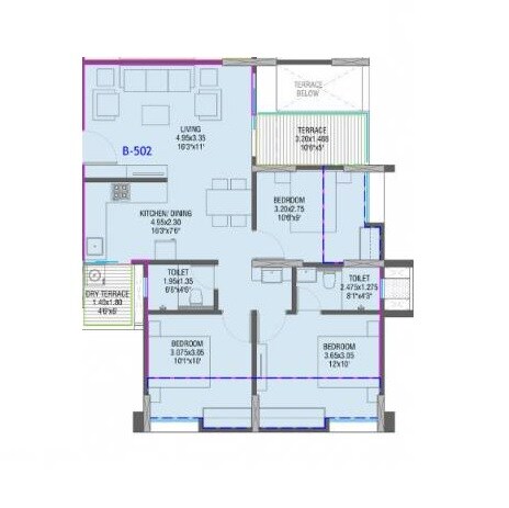 Floor plan of 3 BHK 629 Sq. Ft. Apartment in Shivam 19 Grand West, Pune