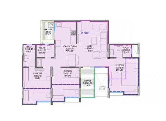 Floor plan of 3 BHK 646 Sq. Ft. Apartment in Shivam 19 Grand West, Pune