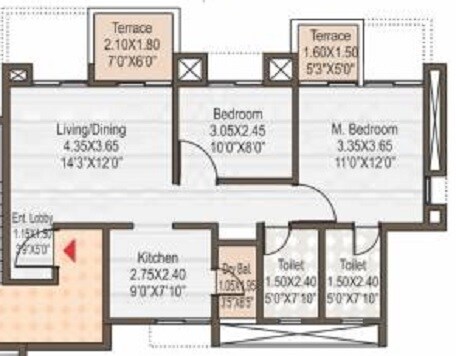 Floor plan of 2 BHK 629 Sq. Ft. Apartment in Shivam Vrindavan Regency, Pune