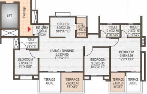 Floor plan of 3 BHK 910 Sq. Ft. Apartment in Shivam Vrindavan Regency, Pune