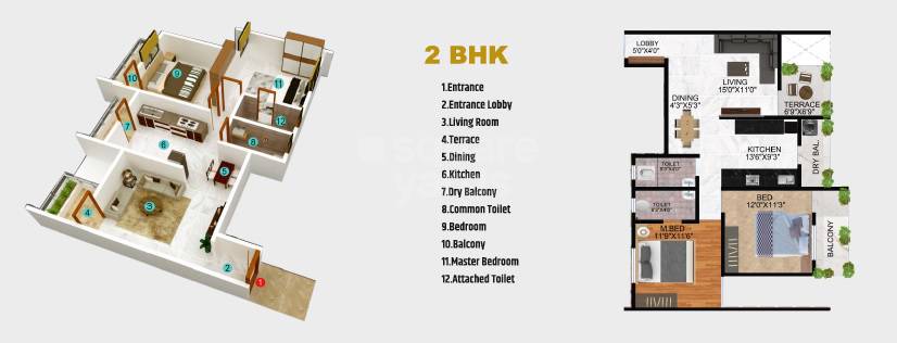 Floor plan of 2 BHK 735 Sq. Ft. Apartment in Shivashri Heights, Pune