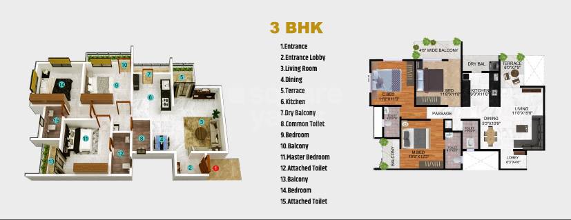 Floor plan of 3 BHK 1071 Sq. Ft. Apartment in Shivashri Heights, Pune