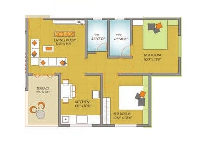 Floor plan of 2 BHK 458 Sq. Ft. Apartment in Shivkailas Kute Fortune, Pune