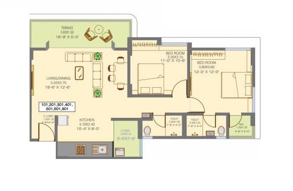 2 BHK 714 Sq. Ft. Apartment