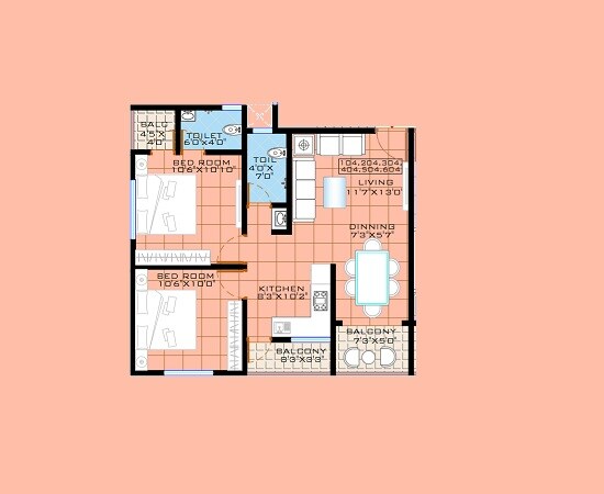 Floor plan of 2 BHK 592 Sq. Ft. Apartment in Shivtirth Park, Pune