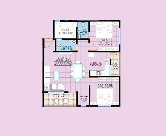 Floor plan of 2 BHK 735 Sq. Ft. Apartment in Shivtirth Park, Pune