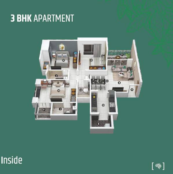 Floor plan of 3 BHK 964 Sq. Ft. Apartment in Shlok CHS Moshi, Pune