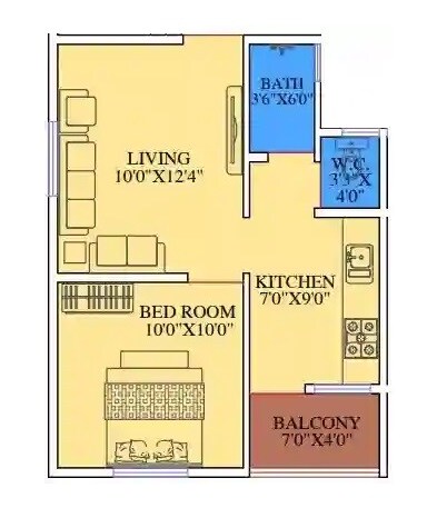 Floor plan of 1 BHK 355 Sq. Ft. Apartment in Shree Aditi Apartment Dhankawadi, Pune
