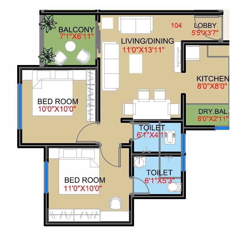 2 BHK 619 Sq. Ft. Apartment