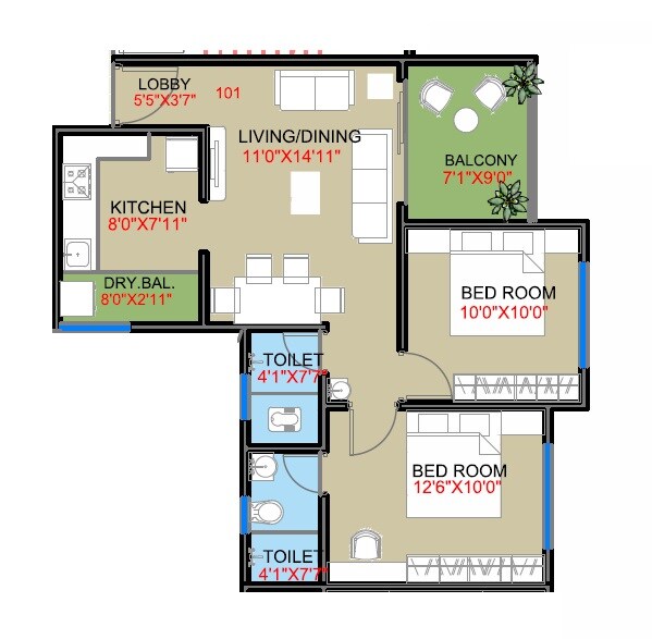 Floor plan of 2 BHK 716 Sq. Ft. Apartment in Shree Bhagwati Mithila Harmony, Pune
