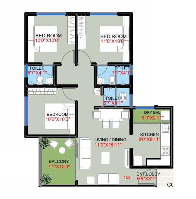 3 BHK 843 Sq. Ft. Apartment