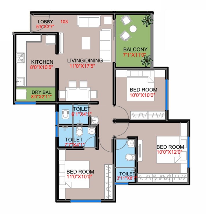 Floor plan of 3 BHK 901 Sq. Ft. Apartment in Shree Bhagwati Mithila Harmony, Pune