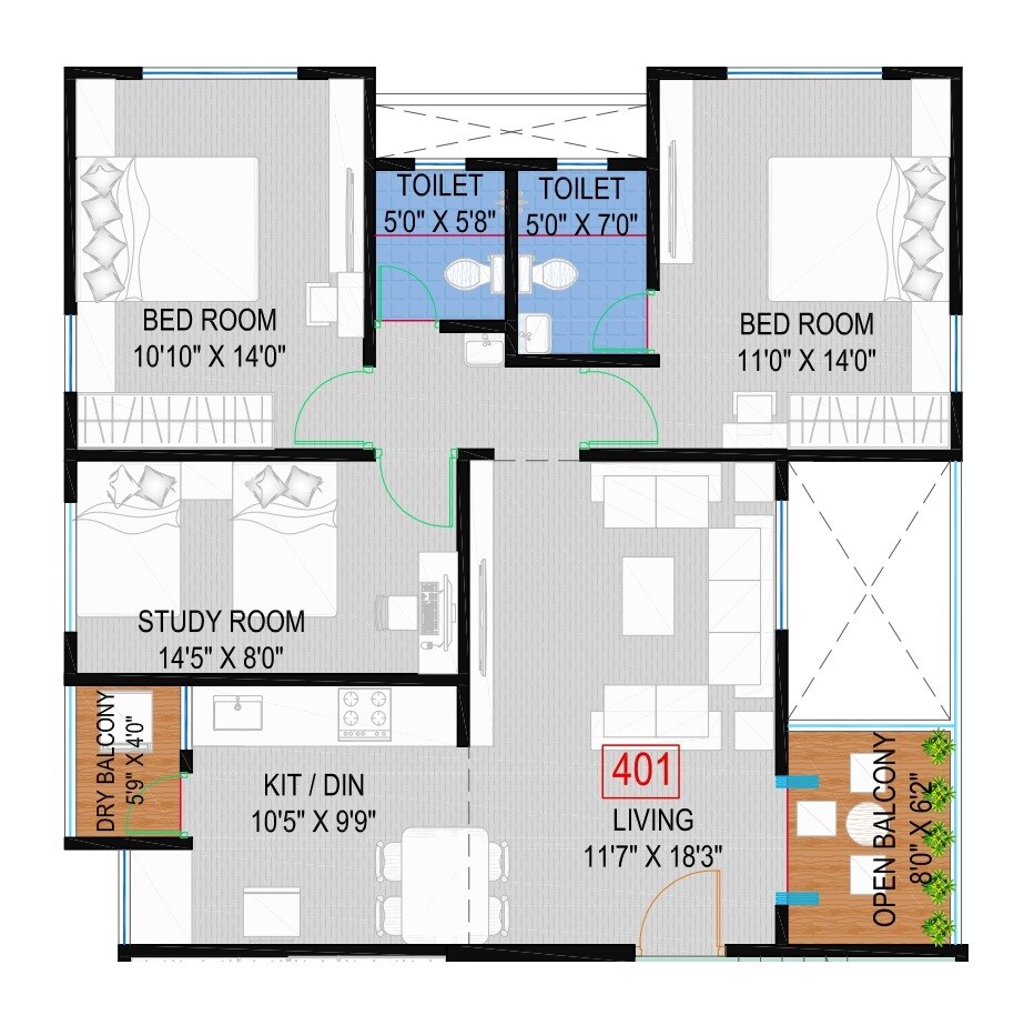 Floor plan of 2 BHK 960 Sq. Ft. Apartment in Shree Chandan Apartment, Pune