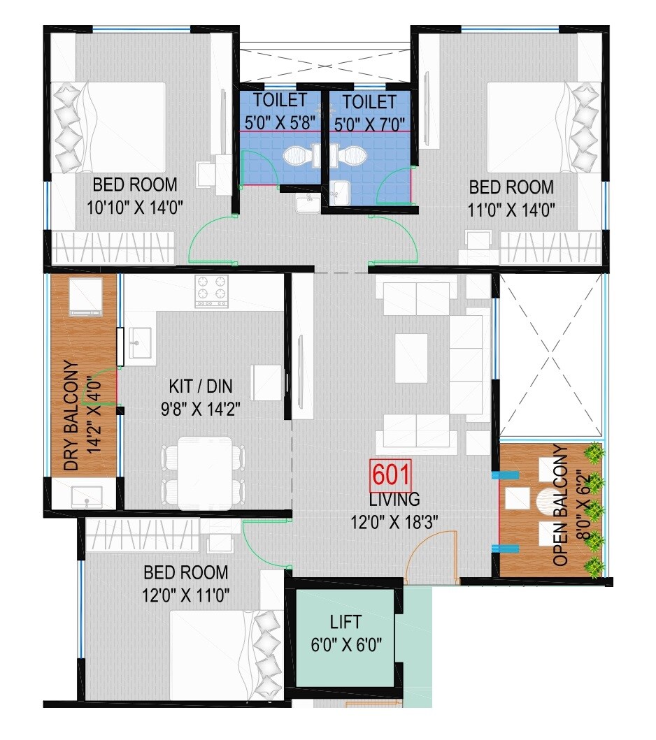 Floor plan of 3 BHK 1047 Sq. Ft. Apartment in Shree Chandan Apartment, Pune