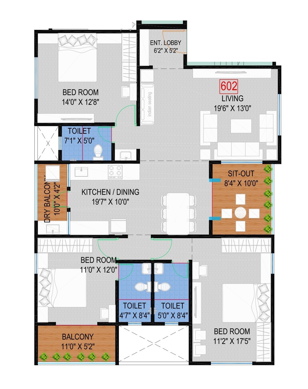 Floor plan of 3 BHK 1402 Sq. Ft. Apartment in Shree Chandan Apartment, Pune