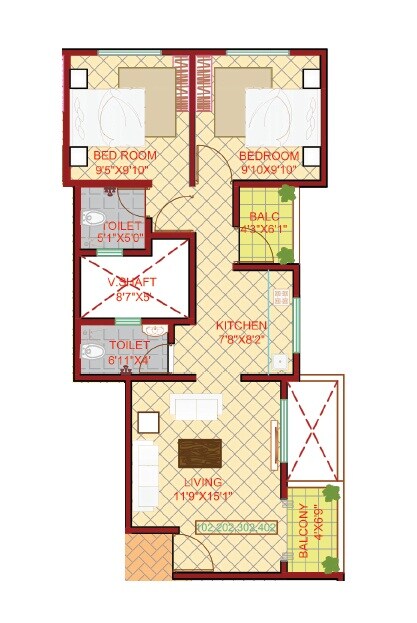Floor plan of 2 BHK 591 Sq. Ft. Apartment in Shree Daffodil Heights, Pune