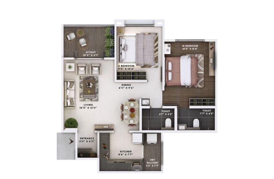 Floor plan of 2 BHK 697 Sq. Ft. Apartment in Shree Dagade Survi Heritage, Pune