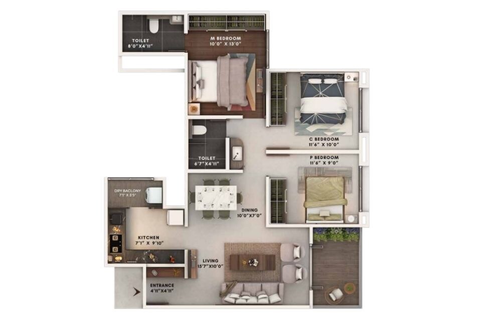 Floor plan of 3 BHK 1029 Sq. Ft. Apartment in Shree Dagade Survi Heritage, Pune