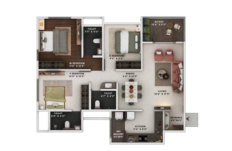 Floor plan of 3 BHK 1087 Sq. Ft. Apartment in Shree Dagade Survi Heritage, Pune