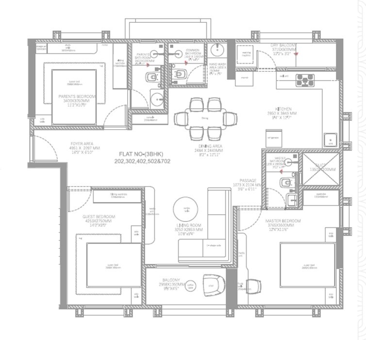 Floor plan of 3 BHK 1033 Sq. Ft. Apartment in Shree Datta Girnar, Pune
