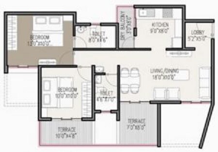 Floor plan of 2 BHK 918 Sq. Ft. Apartment in Shree Devi Castelo Gemeo, Pune