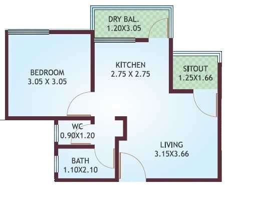 Floor plan of 1 BHK 423 Sq. Ft. Apartment in Shree Devraj Nisarg, Pune