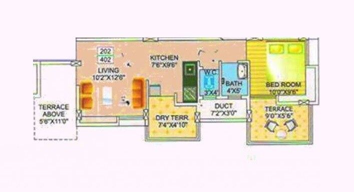 Floor plan of 1 BHK 540 Sq. Ft. Apartment in Shree Ganadhiraj Royal Enclave, Pune