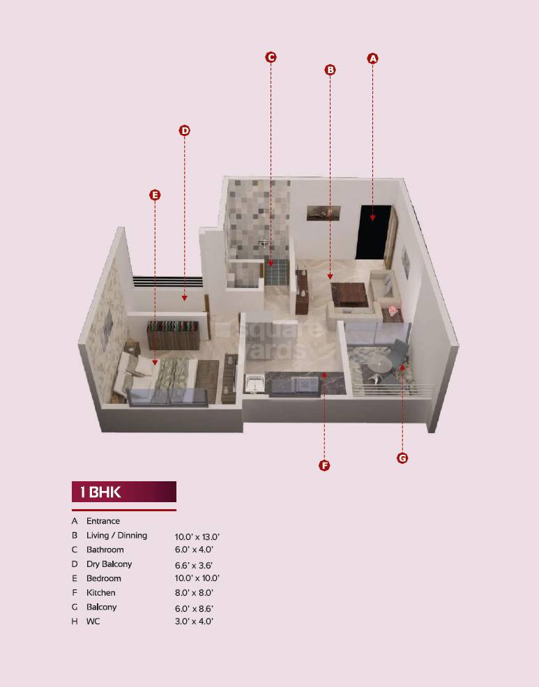 Floor plan of 1 BHK 383 Sq. Ft. Apartment in Shree Kalp Residency, Pune